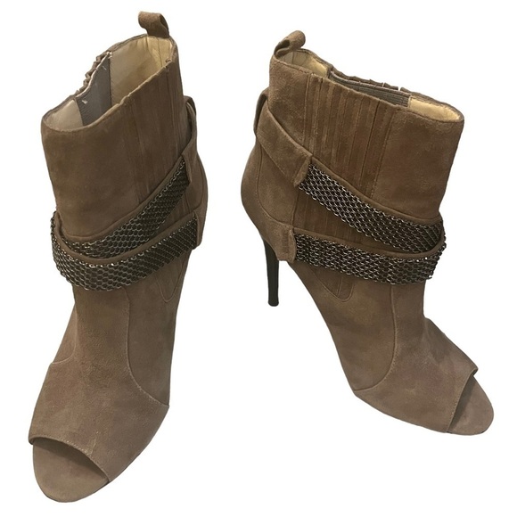 KORS Michael Kors Beige Suede Peep Toe Stiletto Ankle Boot with Metal Straps - Picture 2 of 16